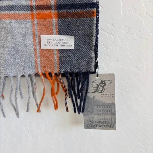 NWT Bronte by Moon Scarf Merino Lambswool navy, orange, and grey plaid patt - Picture 4 of 6